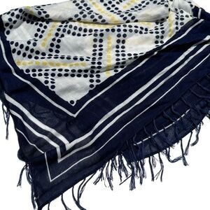 Navy White Stripe Yellow Polka Dot Fringe Scarf